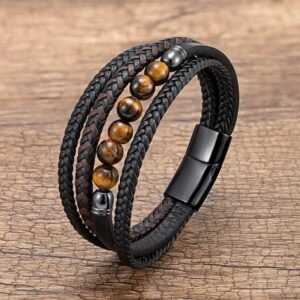 men leather bracelet and tiger eye beads 1